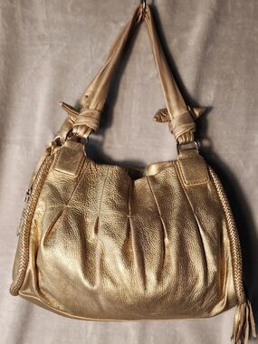 Cole Haan Metallic Gold Leather Hobo Bag | Braided Trim Tassel Shoulder Purse